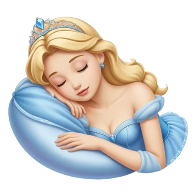 Cinematic Realistic Sleeping Cinderella Portrait, portrayed with exceptional realism: her luminous porcelain skin and exquisitely detailed golden-blonde hair lie softly under the gentle caress of natural light. Her eyes are peacefully closed in a serene, dreamlike slumber, and every fold and shimmer of her iconic ball gown is rendered with painstaking detail. The overall composition radiates a quiet, enchanting glow that encapsulates the timeless, restful beauty of a princess lost in a gentle, magical dream. sticker