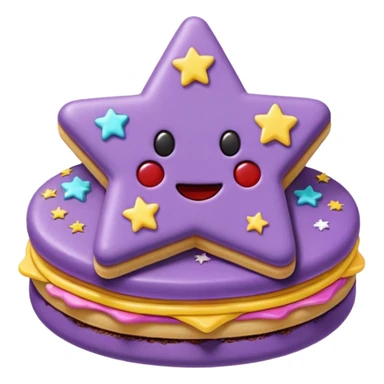a pastel purple sandwich cookie with soft crumbly texture, a star-shaped jam cutout in the center showing glossy dark berry filling, and creamy filling with colorful sprinkles. Minimal emoji style, smooth shading, high detail, centered object, no background, sweet playful vibe sticker