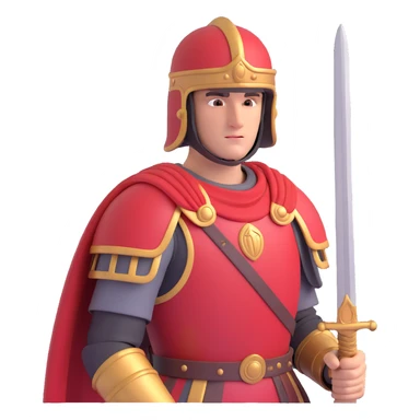 roman empire soldier, classic lorica segmentata armor, red tunic, helmet with cheek guards, holding sword sticker