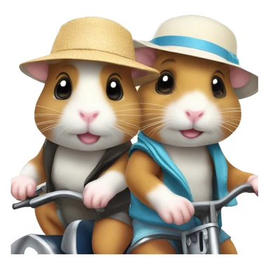 Two hamsters wearing swim shorts and sun hats driving by motorbike on the beach sticker
