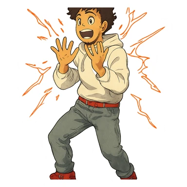 1 male, mid fade haircut dark chestnut brown curly hair, toasted lightskin, white hoodie sleeves up, gray fashion jeans, red fashion-sneakers shoes, red belt, short trimmed beard and goatee,  style of deku from "my hero academia",  doing a "i adore that!" exclaimation pose with red electricity sticker