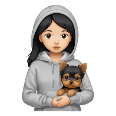 a black-haired asian girl in a gey hoodie with a yorkie puppy sticker