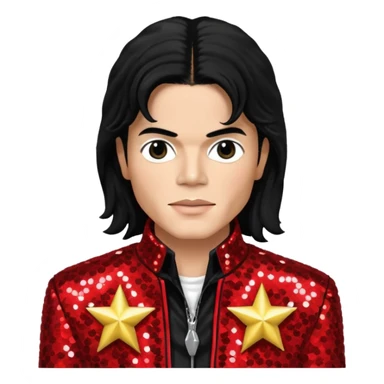 Michael Jackson with black long hair, red sequin jacket, black shirt, light skin sticker