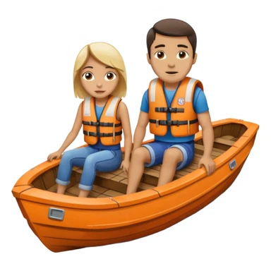 a wood boat upside down, with 2 people sitting on top trying to stay afloat. sticker
