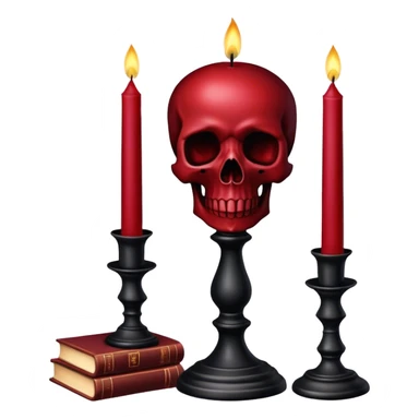 Dark Red candle on a black stand, books, skull, gothic style, beautiful aesthetic  sticker