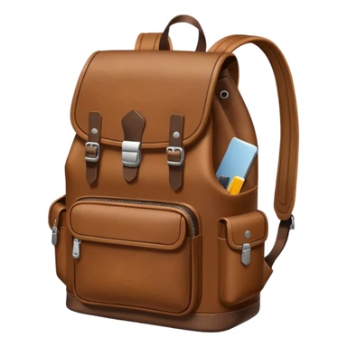 Draw a leather backpack using a front camera with an 80-degree angle from the ground, ensuring the object remains stationary without rotation or tilt. sticker