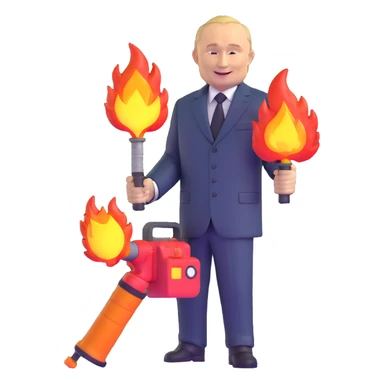 Vladimir Putin smiles and holds a flamethrower sticker