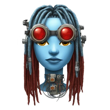 Light blue long dreadlocks female cyborg head with red steampunk goggles and circuits sticker
