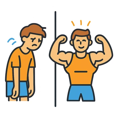 in the picture is devided in to two parts, at the first the sportsman is weak and lazy, but at the second picture the same sportsman is very strong because he doing a workout regularly sticker