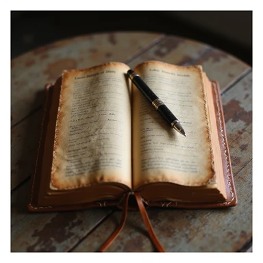 a realistic leather-bound diary, detailed, open, tan leather, pen resting on the page sticker