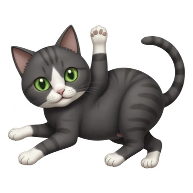 solid dark grey cat with green eyes, white toes/paws and white patch on her chest playfully rolling upside down sticker