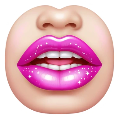 Glassy pink lip gloss on lips, subtle sparkle sticker