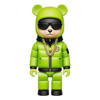ultra-detailed bearbrick figure with perfect cube head and geometric body, wearing premium lime green balaclava with sleek integrated black visor lens at eyes, luxury oversized designer puffer jacket with prominent logo and lavish fur trim collar, heavy gold chains, streetwear icon sticker