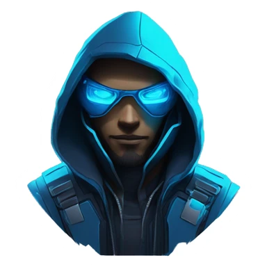 developer behind his laptop with this style : crysis Cyberpunk Valorant neon glowing bright blue character blue black hooded assassin themed character sticker