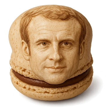realistic macaron pastry with the shell resembling Emmanuel Macron's face, subtle details sticker