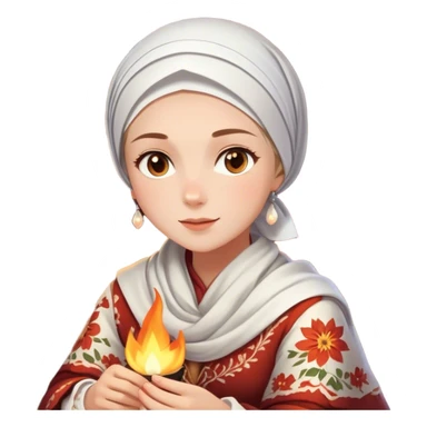 A woman dressed in a beautiful floral traditional outfit with a delicate white headscarf sits by a fire at night. The warm glow of the flames highlights her radiant features, giving the scene a soft, serene, and intimate feel. sticker