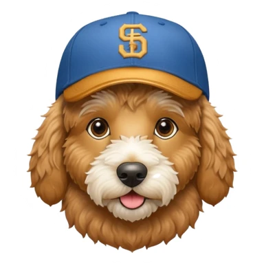 Golden doodle wearing a San Diego Baseball cap  sticker