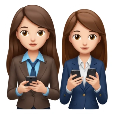 two brown haired girls, looking professional maybe leaned back on back and looking forward and using phones, with longer hair and with some cute clothes sticker