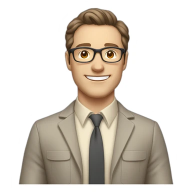 Joyful Pale skinned Fit Man With dark brown hair in gray jacket, beige office shirt, Brown pants and vintage glasses. His thrumbs up sticker