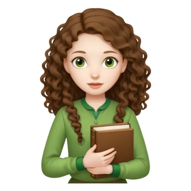 A girl with long brown curls and a green outfit holding a stacking book in her hand sticker