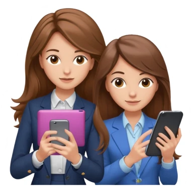two brown haired girls, looking professional maybe leaned back on back and looking forward and using phones, with longer hair and with some cute clothes without ties, blowout hair, one girl can hold lap top athoer one can hold the phone sticker