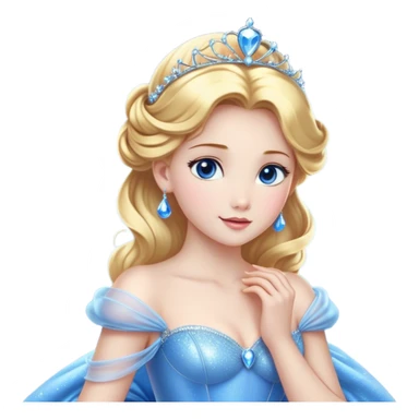 Cinematic Stunning Cinderella Portrait Emoji, Radiant in her sparkling blue ball gown, golden hair in a perfect updo, soft blue eyes full of wonder, glistening tiara, glowing with an ethereal beauty, regal yet kind, a dreamlike aura surrounds her, capturing the essence of a fairy tale princess, elegant and breathtaking! sticker