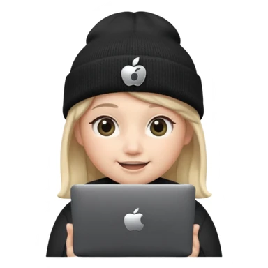 Apple-style Memoji face with big eyes and black beanie, holding silver laptop covering mouth with solid black pear logo (no bite), clean soft lighting, simple round background. sticker