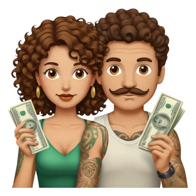 Couple with brown hair, the guy has a mustache and tattoos. The girls hair is curly. They are surrounded by money  sticker