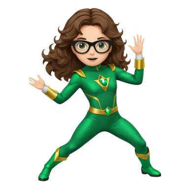 green power ranger, white girl with long brown wavy hair, thin black glasses, action pose, emoji style sticker