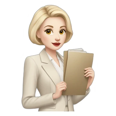 pale skin woman with ash blonde Straightened bob Hair, White Spacious classical jacket, beige palazzo Arrow pants and gray blouse holding a color palette in the hands sticker