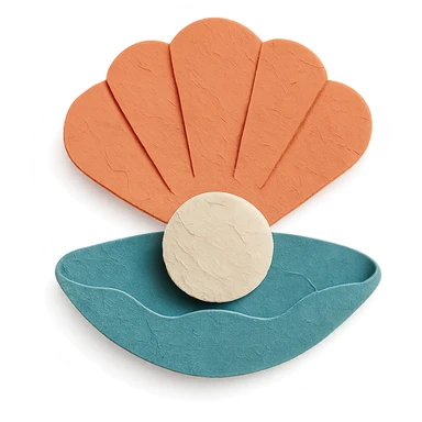 close-up of a clam holding a pearl, textured paper details, paper-craft style sticker
