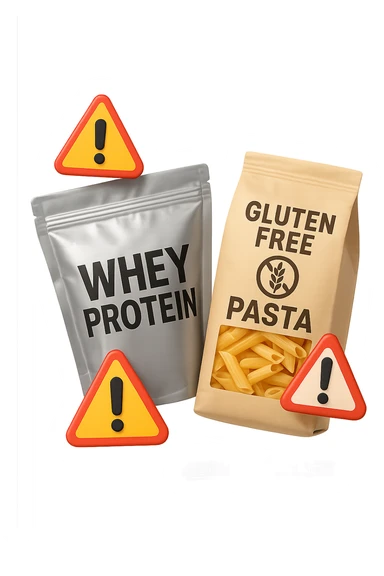 SU QUESTO STILE FAI UN EMOJI STILE IPHONE 3D DI UN pacco di whey protein e un pacco di pasta senza glutine che fluttuano in aria insieme a segnali di pericolo in 3d, FALLO MOLTO REALISTICO IN 3D sticker