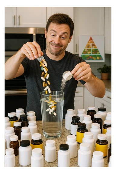 a man stands in his kitchen, enthusiastically pouring multiple supplement pills and powders into a large glass of water. The kitchen counter is cluttered with dozens of supplement bottles, and his expression is confident but slightly oblivious. In the background, a nutrition guide or food pyramid is ignored, highlighting his focus on supplements over balanced nutrition. sticker