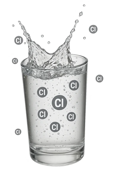 un bicchiere di acqua cade verticalmente dall'alto realistico e dettagliato, dentro l'acqua del bicchiere ci sono particelle di cloro ben visibili con la scritta "Cl" sopra, ci sono particelle anche che escono dal bicchiere e fluttuano in aria verticalmente, mentre alcune sono all'interno dell'acqua nel bicchiere, iperrealistico 4k sticker