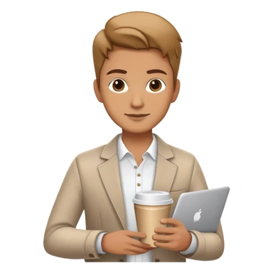 business owner confidently, holding a closed laptop in one hand and a takeaway coffee cup in the other. The character wears casual-smart clothes. sticker