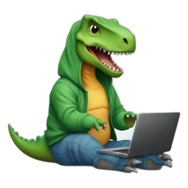 dinosaur working on a laptop with a hoodie sticker