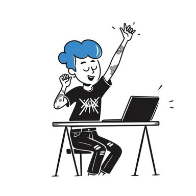 Rock musician girl with half-shaved head and blue hair, arm tattoos, multiple ear piercings, wearing ripped jeans and metal band shirt, sitting at desk with laptop and raising hand enthusiastically sticker