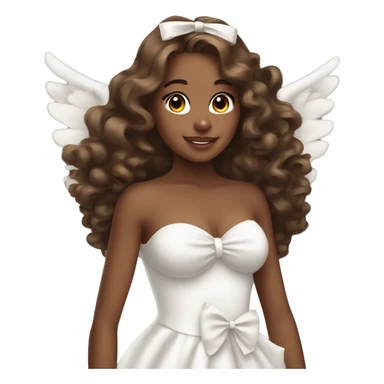 Pretty brown girl with long curly hair with big angels wings and a white bow in a strapless dress sticker
