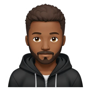 African yound man in his late 20s with a winkand  full short boxed beard and moutache , and a low cut hair, black hoody sticker