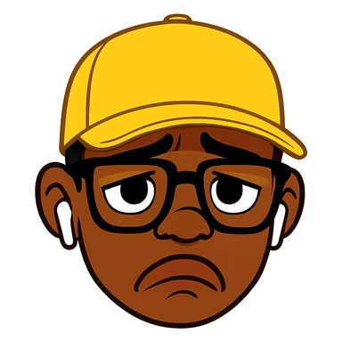 Redraw the character in a 3D Disney style with a sad expression, wearing a yellow cap, glasses, and earbuds. Keep the same details and expression. Use a transparent background. sticker