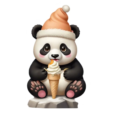 Panda eating peach ice cream on top of a mountain with a fuzzy hat sticker