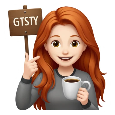 Excited long haired redhead drinking coffee holding sign in front saying GTSY sticker
