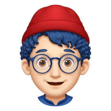 dark blue haired man curly hair with big ears and red earrings and spectacles happy and hat wearing sticker