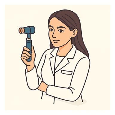 A female doctor with dark long straight hair and detailed brown eyes (not just dots), wearing a white medical coat, holding a medical instrument, in 2D isometric style with a minimalist background, with a slight half-smile expression. sticker
