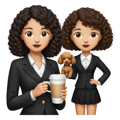 Black partial curly hair, V-neck suit,Holding a coffee-coloured poodle in a small skirt sticker