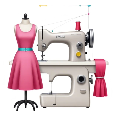 Sewing icon, sewing machine with thread, visible needle, spools of thread, fabric pieces cut according to patterns, measuring tape, pins, scissors, and dresses on mannequins, minimalistic style, clean lines, transparent background. sticker