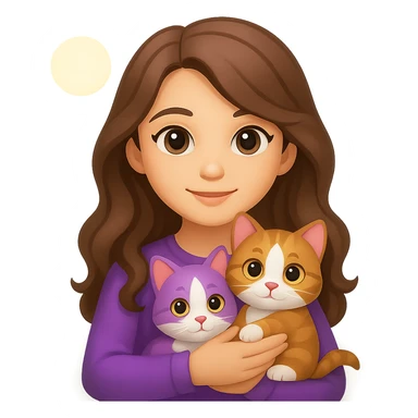 Add a simple, cheerful background to the scene with a girl with long, wavy brown hair, brown eyes, purple clothes, holding a three-color cat, in emoji style. sticker