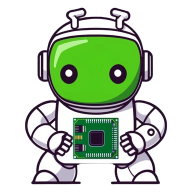 Robot holding an AI processor chip with digital circuits sticker