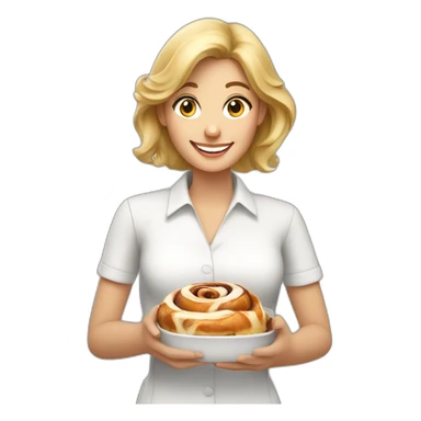 happy blonde woman holding cinnamon roll sticker