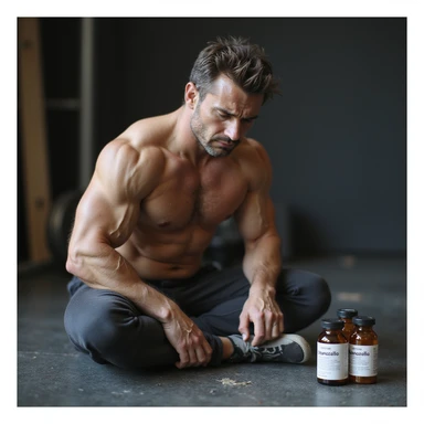 photo realistic crossfit athlete sitting on the ground with suffering expression, hands on joints, tense muscles, vials labeled 'Stanozololo' nearby, natural light, gym background sticker